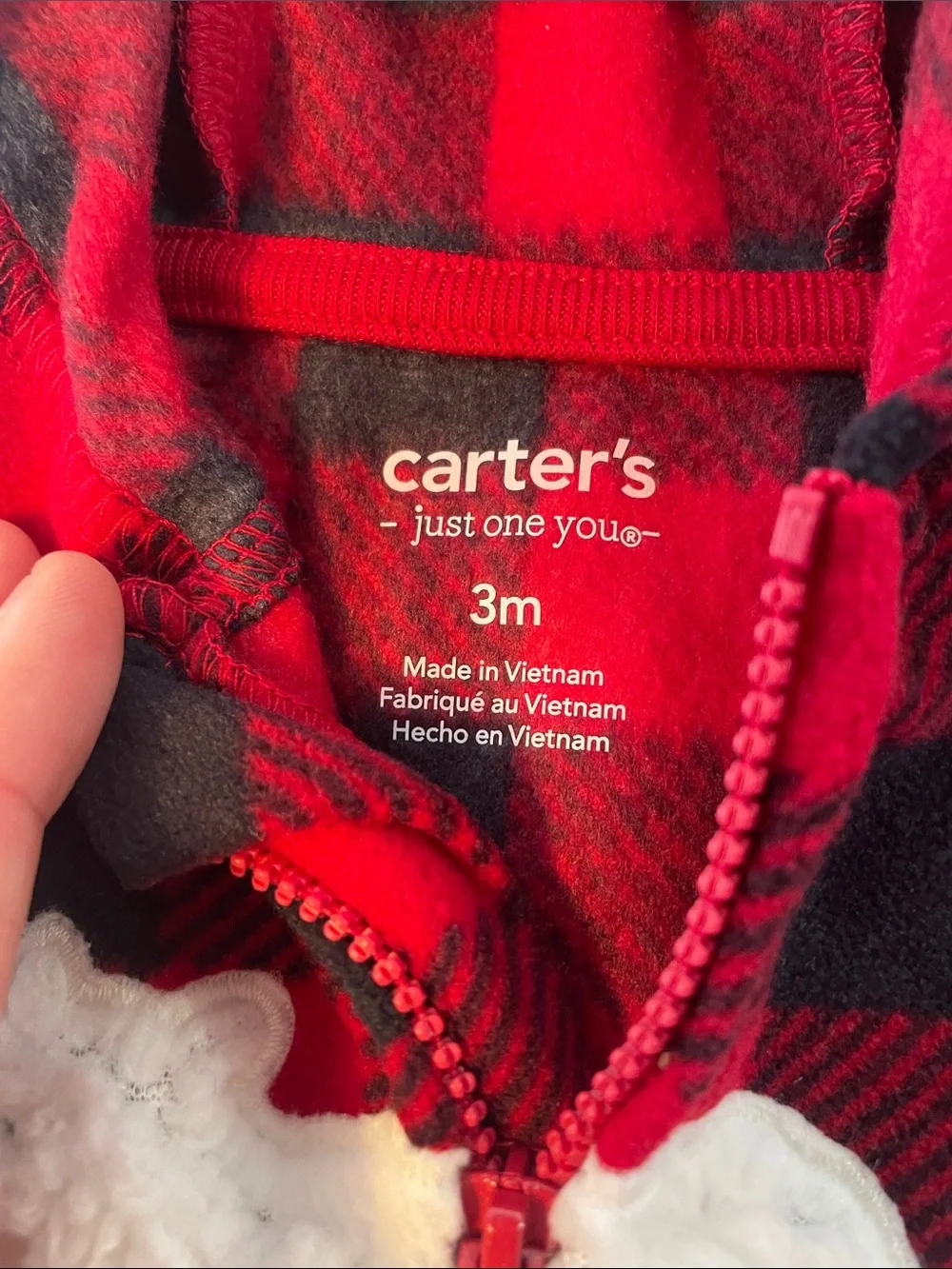 Carter's Red and Black Buffalo Plaid Hooded One-Piece with Cream Bear Applique